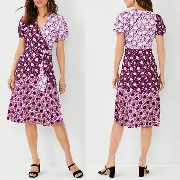 Ann Taylor Dresses & Skirts - Ann Taylor NWT Mixed Floral Faux Wrap Midi Dress Puff Slv Cottagecore Sz 4P $189